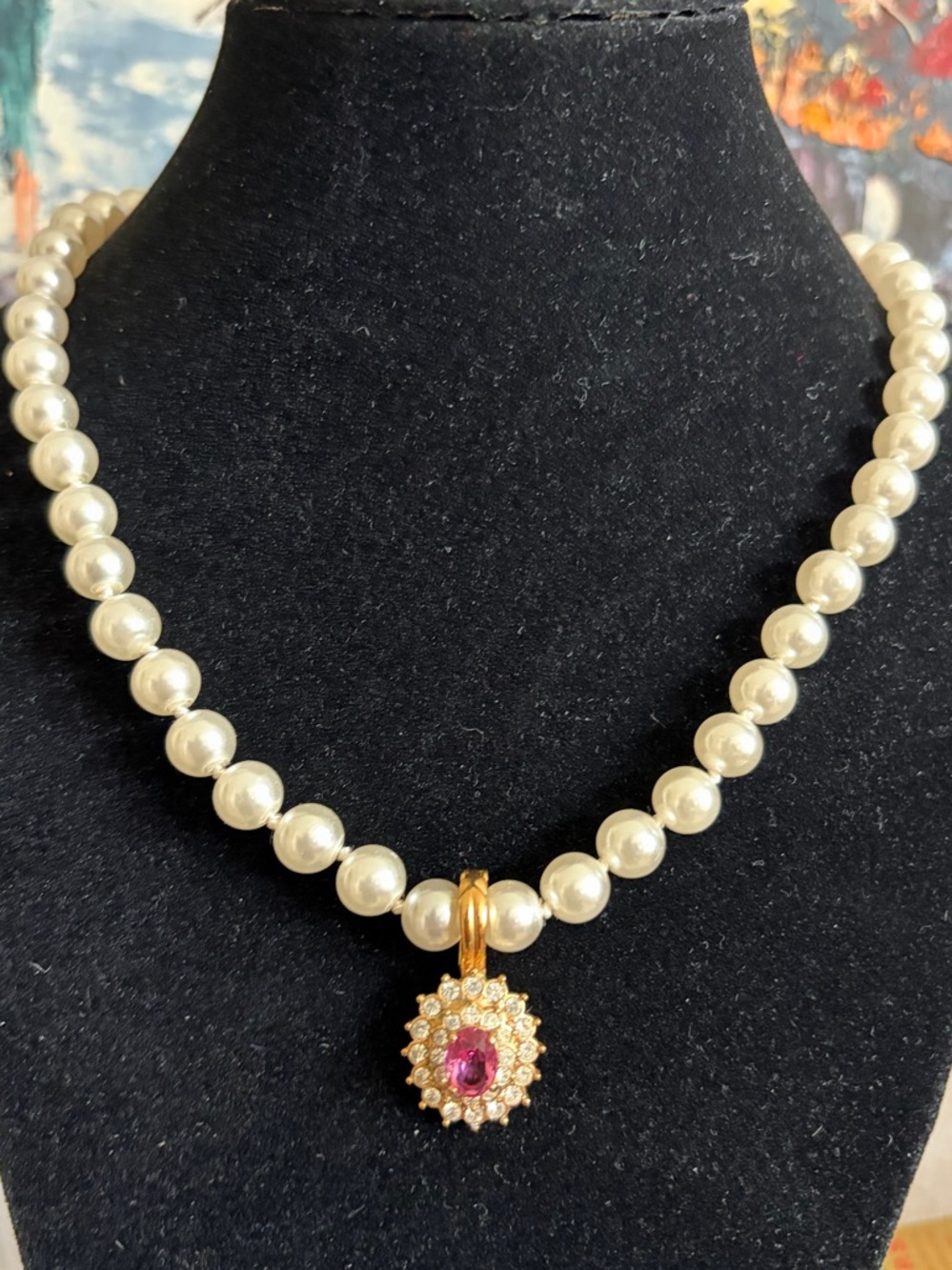 VTG Signed Roman Faux Pearl Zirconia Pink Clear Stone Necklace.